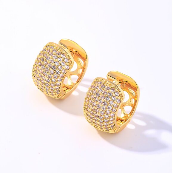 Small Gold Plated Copper Huggie Hoop Earrings Cubic Zirconia CZ Diamond - Picture 1 of 5